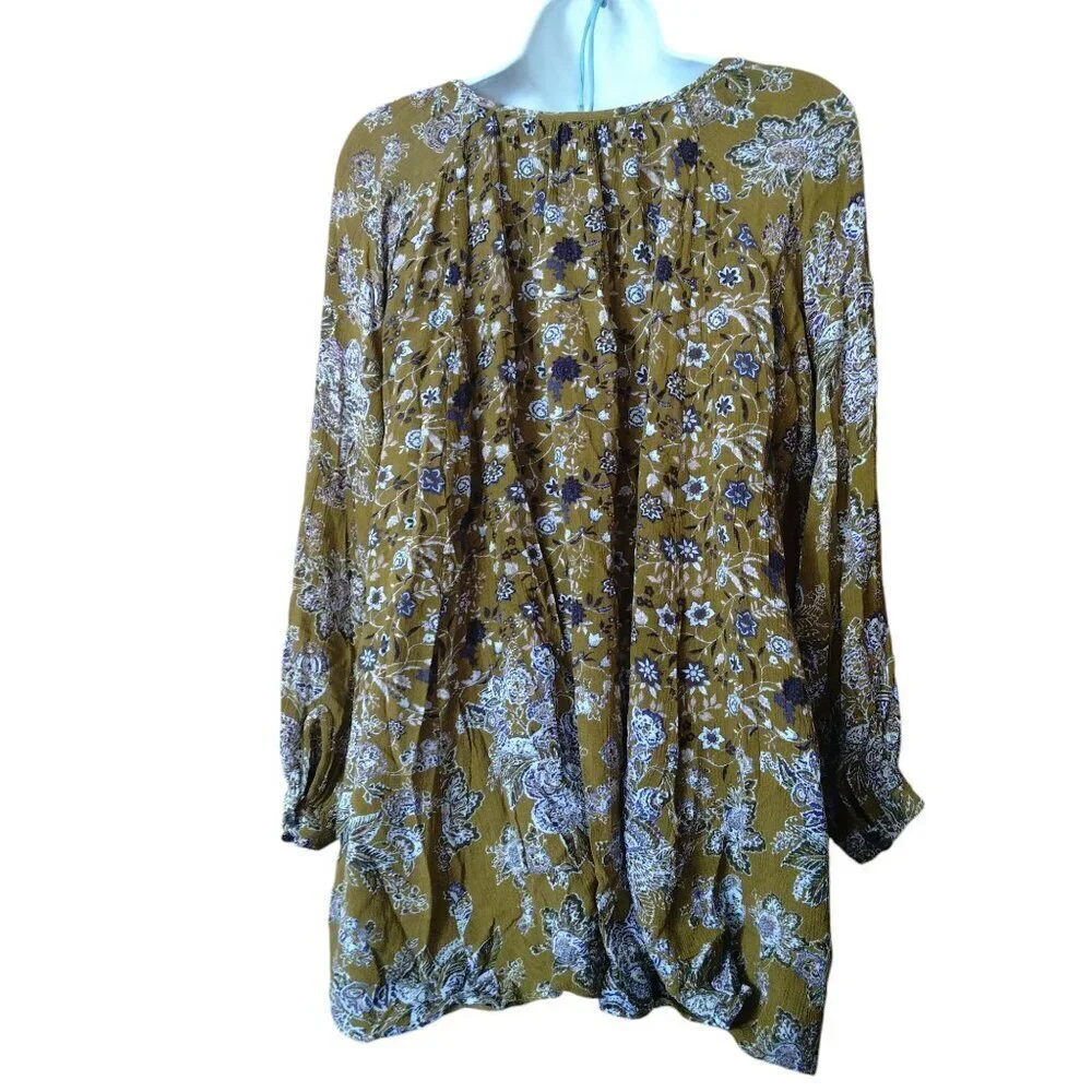 Free People Size XS Long Sleeve Oversized Floral Boho Peasant Tunic Blouse